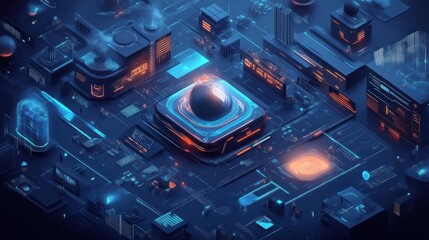Fototapeta premium Futuristic tech hub digital city 3d visualization cyber environment aerial view innovation concept