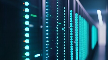 Modern data center with rows of perfectly aligned server racks, secure network operations.