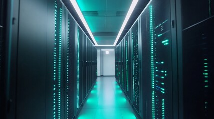 Modern data center with rows of perfectly aligned server racks, secure network operations.