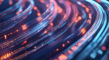 A close-up of fiber optic cables with pulses of multicolored lights traveling through, representing fast data transfer in a high-tech network.