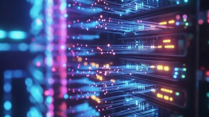 A close-up of fiber optic cables with pulses of multicolored lights traveling through, representing fast data transfer in a high-tech network.