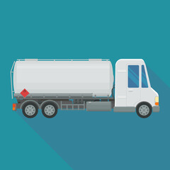 Tanker truck side view in flat design style on blue background with long shadow