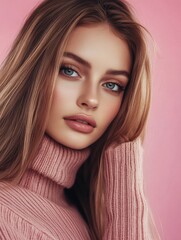 Naklejka premium Stylish portrait of an elegant young woman with long blonde hair in a soft pink sweater against a vivid blush background, showcasing ample copyspace for text.