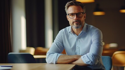 Businessman in a modern meeting room with wooden tables and soft lighting, showcasing a professional look and large empty copyspace for text