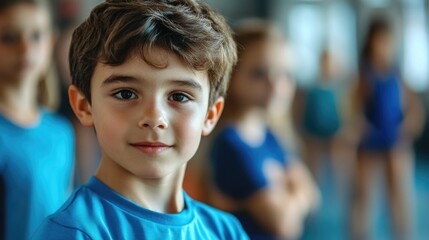 Portrait of a focused young boy in a blue t-shirt in a gym setting with other kids blurred in the background, emphasizing a healthy active lifestyle and exercise.