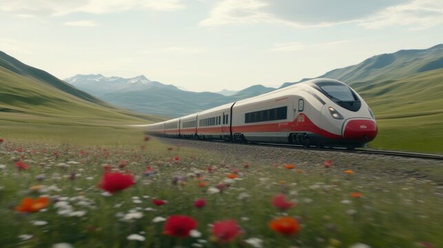 High-speed train journey through scenic mountains beautiful meadow travel photography daytime nature exploration