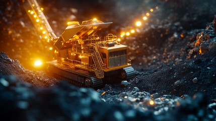 Excavator digging through dark soil with bright lights in a mining area