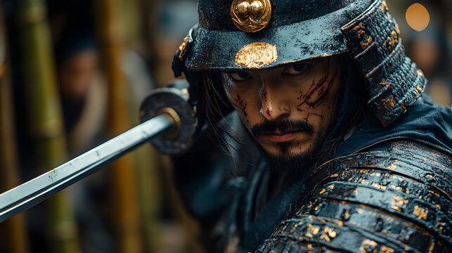 Battle Worn Samurai Wielding Katana in Bamboo Thicket Heroic Tension Captured