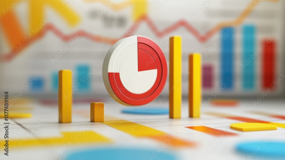 Poster 3d business data analysis concept with red and yellow chart elements on white background featuring e