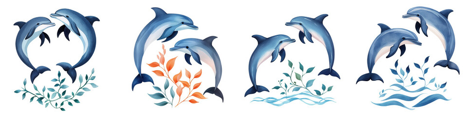 Fototapeta premium Majestic Dolphins Leaping Gracefully Over Crystal-Clear Water in a Vibrant and Colorful Ocean Scene, Showcasing Nature's Beauty and Playfulness