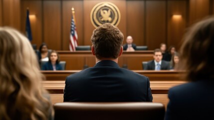 Obraz premium Courtroom drama unfolds in legal battle high-stakes trial judicial setting tense atmosphere focused perspective