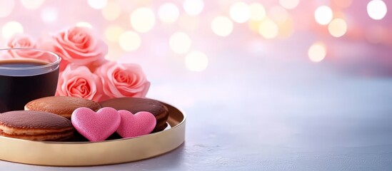Valentine's Day Warm Cup of Coffee Surrounded by Two Delicious Heart Shaped Cookies on a Rustic Wooden Table Creating a Cozy and Inviting Atmosphere for Enjoyment dream