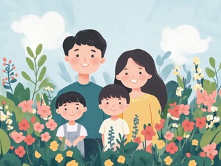 Cheerful Asian Family Amidst Vibrant Floral Garden with Colorful Flowers and Blue Sky Ideal for Heartwarming Family Moments and Text Space