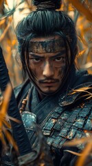 Stoic Samurai Warrior in Dramatic Bamboo Thicket Battle Scene