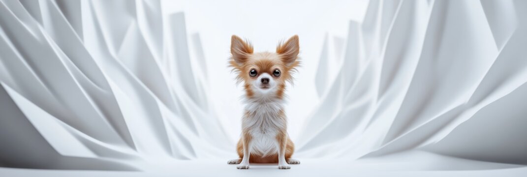 A Chihuahua sitting at the center of a wide white frame, 3D rendered with precision