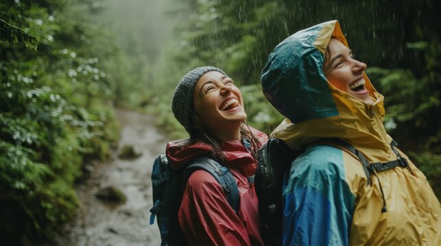 Two happy hikers enjoy the rain in a lush forest, smiling and embracing the outdoor adventure together.