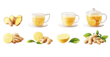 various forms of ginger and lemon. including sliced ginger roots. cups of ginger tea. and lemon halves. emphasizing their use in beverages and health benefits