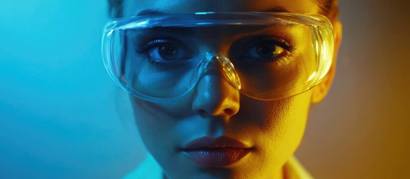 Portrait of a focused female scientist with blue and orange lighting wearing goggles, engaged in biochemical analysis for coronavirus vaccine development.