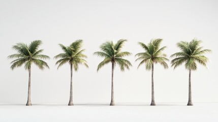 Tropical elegance displayed with five palm trees in a line on a crisp white surface.