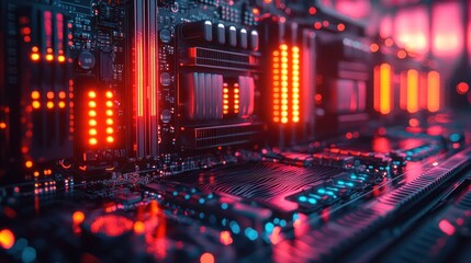 Glowing circuit board components inside server room with illuminated background, ideal for tech visuals