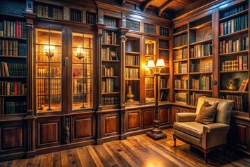 Low Light Classic Library: Antique Bookshelf & Wooden Furniture in a Modern Home Interior