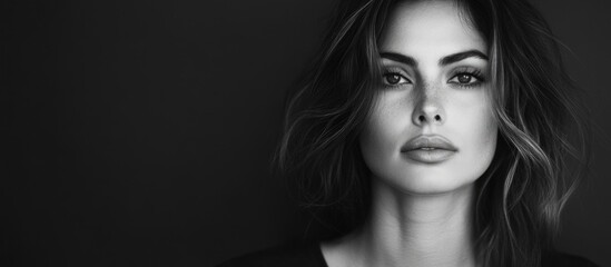 Fototapeta premium Elegant black and white portrait of a stunning brunette woman against a minimalist dark backdrop featuring ample copyspace for text insertion