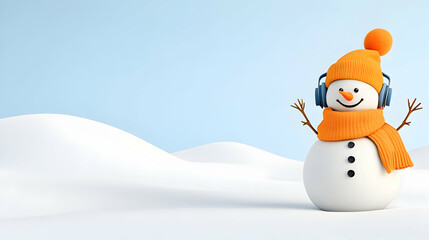 Happy snowman listening to music in snowy landscape; winter holiday greeting card.