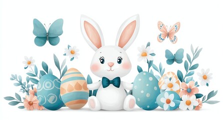 Obraz premium Charming Easter bunny illustration with decorated eggs and whimsical butterflies surrounded by spring flowers. Perfect for festive celebration themes and spring holiday designs.