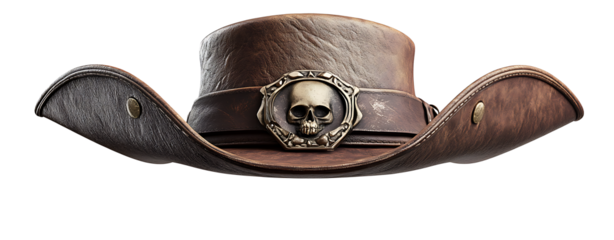 Pirate hat with a brown leather band and metal white background.PNG