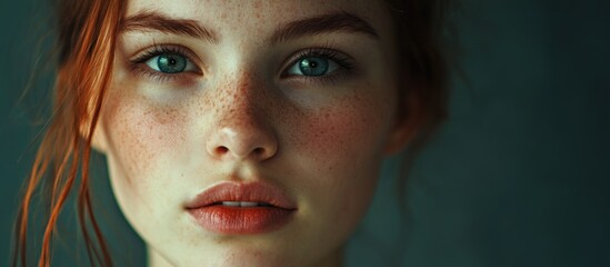 close up portrait of a young woman with striking blue eyes and red hair against a soft dark background ideal for text overlay in natural light