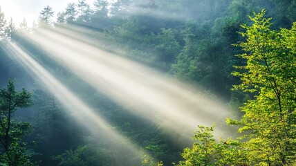 Lighting romantic and peaceful serene. Sunlight filters through lush trees in a serene forest landscape.
