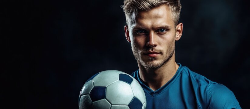 Young Athletic Football Player in Blue Jersey Holding Soccer Ball Against Dark Background with Copy Space for Text