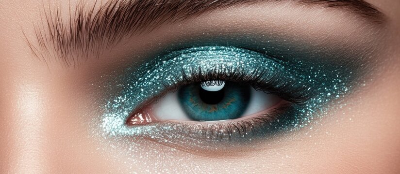 Macro shot of a human female eye showcasing aquamarine eyeshadow with a shimmering teal hue against a soft focus background, perfect for beauty marketing.