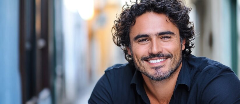 Closeup portrait of smiling curly-haired man in black shirt working on laptop in a vibrant urban street setting with colorful buildings and natural lighting.