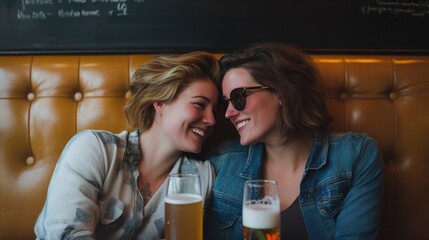Couple of smiling women enjoying craft drinks at a stylish cafe booth with warm brown leather seating and ample empty copyspace for text
