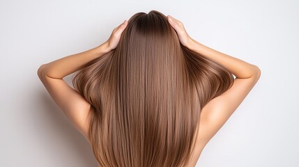 Fototapeta premium A woman with long, straight brown hair elegantly cascading down her back, hands gently placed on her head, symbolizing beauty and hair care on a minimalist white background.
