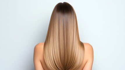 Obraz premium Elegant view of smooth, shiny, long blonde hair cascading down the back against a neutral background. Perfect for beauty, health, and hair care themes.
