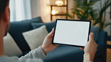 Family Engaged with Digital Tablet in Cozy Living Room Featuring Soft Blue Couch and Warm Ambient Lighting with Ample Copyspace for Text