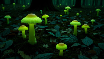 Seamless pattern of luminous chartreuse mushrooms on a forest floor for game design and fantasy projects
