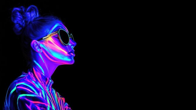 Vibrant profile of a cyber raver woman illuminated in fluorescent clothing and sunglasses, glowing under UV black light, set against a deep black background.