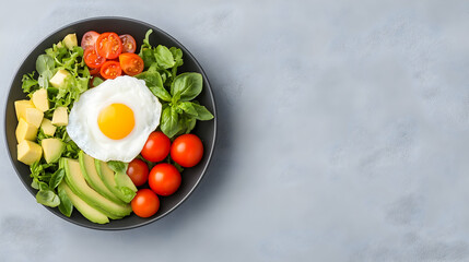 Healthy breakfast bowl with egg, avocado, cherry tomatoes, and greens on grey background. Ideal for healthy eating blogs or recipe websites.