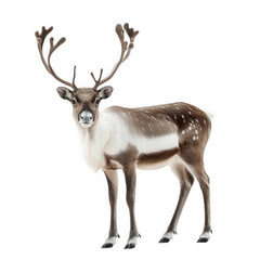 Fototapeta premium majestic reindeer standing gracefully against a white background. showcasing its distinct antlers and spotted coat this portrayal emphasizes the beauty and elegance of this animal. often associated wi