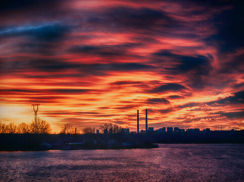 beautiful colorful sunset in the city