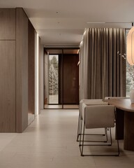 Scandinavian home living room interior with sofa and two armchairs, shelf and drawer, coffee table with art decoration on hardwood floor. Panoramic window. 3D rendering
