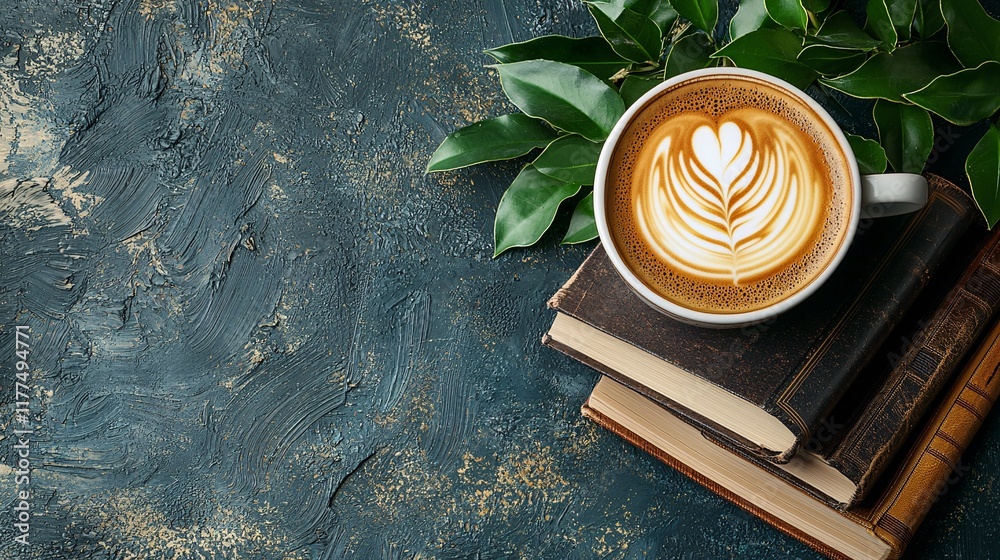 Poster basic tech skills manual placed next to a cup of coffee stock photo with side copy space