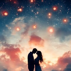 Valentine's Day Romantic Couple Embracing and Kissing Beneath a Majestic Starry Night Sky Creating an Intimate and Dreamy Atmosphere in a Serene Outdoor Setting dream