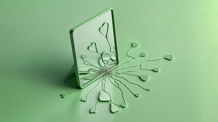 Cracked green mirror with heart patterns, emotional reflection, monochrome tones. Concept for psychology. 