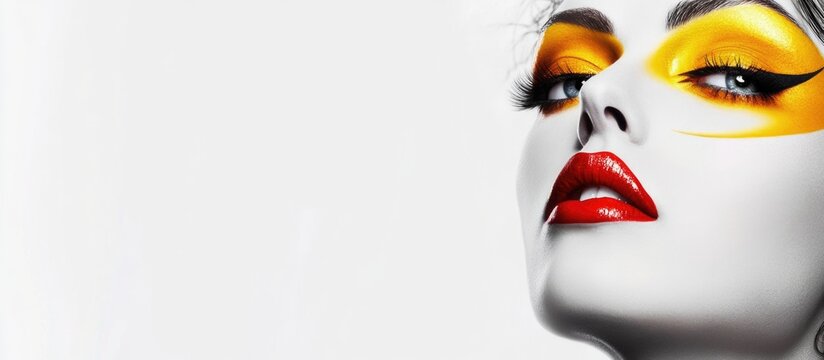 Fototapeta Elegant woman adorned with golden makeup and bold red lips against a minimalist white background featuring ample empty copy space for text