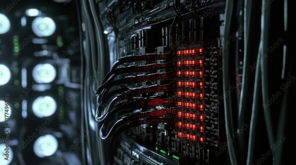 Poster numerous cables are connecting a server rack with blinking red lights in a dark data center, creatin