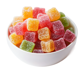 Vibrant gummy candies stacked in white bowl colorful dessert display home kitchen close-up perspective sweet treats for all ages isolated on transparent background